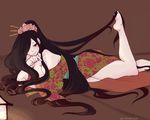  barefoot black_eyes black_hair blush buck-satan feet feet_up floral_print flower foot_hold hair_flower hair_ornament hair_over_one_eye hairpin japanese_clothes kejourou_(monster_girl_encyclopedia) kimono long_hair looking_at_viewer lying mole mole_under_eye monster_girl_encyclopedia on_stomach plantar_flexion red_eyes smile solo very_long_hair 