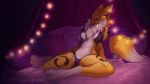  anthro bed bra breasts clothing digimon digimon_(species) dipstick_tail female fur multicolored_tail panties pillow renamon sajik sitting solo thick_thighs underwear 
