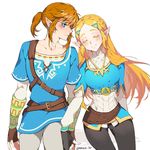  1girl artist_name black_gloves blonde_hair blue_eyes blush brown_gloves closed_eyes fingerless_gloves gloves hair_ornament hairclip happy hetero link long_hair looking_at_another muse_(rainforest) pointy_ears ponytail princess_zelda shirt short_hair signature simple_background smile the_legend_of_zelda the_legend_of_zelda:_breath_of_the_wild white_background 