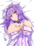  3: bangs blue_ribbon blunt_bangs blush breast_press breasts bursting_breasts closed_mouth cocked_eyebrow commentary_request covered_navel deep_skin dress hat hat_ribbon highres huge_breasts impossible_clothes impossible_dress long_hair looking_at_viewer lying mob_cap neck_ribbon on_back pajamas patchouli_knowledge purple_eyes purple_hair purple_ribbon red_ribbon ribbon solo sprout_(33510539) striped touhou vertical-striped_dress vertical_stripes wavy_mouth 