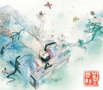  black_hair bug butterfly chinese_clothes closed_eyes from_above hanfu insect lan_wen_xuan long_hair lying male_focus midriff navel on_back ponytail solo very_long_hair 