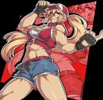  1girl abs antonubbies baseball_cap biceps blonde_hair blue_eyes breasts cleavage denim denim_shorts fatal_fury fatal_fury_cap fingerless_gloves genderswap genderswap_(mtf) gloves hat large_breasts long_hair looking_at_viewer micro_shorts midriff muscular muscular_female navel obliques ponytail shorts simple_background smile snk snk_heroines:_tag_team_frenzy solo terry_bogard the_king_of_fighters toned 