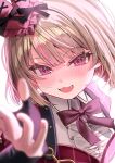  1girl :3 absurdres backlighting black_bow black_gloves bloom blunt_bangs blurry blush bob_cut bow bowtie center_frills collar colored_inner_hair depth_of_field dress elbow_gloves fangs fingerless_gloves frills gloves grey_hair hat hat_bow highres idol_clothes layered_dress looking_at_viewer makaino_ririmu medium_hair mini_hat multicolored_hair nagori_suyo nijisanji official_alternate_costume official_alternate_hairstyle open_mouth pink_hair plaid_clothes plaid_dress pointy_ears portrait rabbit_ear_headwear reaching reaching_towards_viewer red_bow red_bowtie red_dress red_eyes shoulder_strap solo streaked_hair virtual_youtuber white_background white_collar 