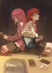  2girls absurdres back-to-back bad_id bad_pixiv_id black_skirt blue_eyes blush bocchi_the_rock! cellphone closed_eyes closed_mouth commentary electric_guitar english_commentary gibson_les_paul gotoh_hitori guitar highres indoors instrument jacket kita_ikuyo long_hair long_sleeves md5_mismatch multiple_girls open_mouth pants pants_under_skirt phone pink_hair pink_jacket pink_pants pleated_skirt red_hair resolution_mismatch school_uniform shirasuke_0822 shuka_high_school_uniform sitting skirt smartphone smile source_larger 