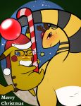  ampharos back_markings black_nose blue_eyes brown_eyes candy candy_cane christmas dipstick_ears eyelashes female food holiday_message holidays looking_at_viewer male markings merry_christmas nintendo one_eye_closed pikachu pikajota pok&eacute;mon pok&eacute;mon_(species) red_cheeks snow video_games wink yellow_body 