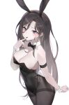  1girl absurdres animal_ears bare_shoulders black_bow black_bowtie black_hair black_leotard black_nails black_pantyhose bow bowtie breasts cleavage closed_mouth detached_collar fake_animal_ears fake_tail fathertrex finger_to_mouth fingernails from_side hair_between_eyes han_yoil highres large_breasts leotard long_fingernails long_hair looking_at_viewer looking_to_the_side pantyhose playboy_bunny purple_eyes rabbit_ears rabbit_tail simple_background solo tail today's_han_yoil_is_a_woman very_long_hair white_background white_wrist_cuffs wrist_cuffs 