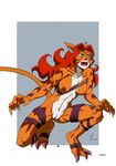  anthro bandage breasts chaotic claws clothed clothing digitigrade female fur green_eyes hair intress magi nipples open_mouth orange_fur plain_background pose pussy red_hair skimpy solo teeth tongue unknown_artist 