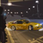  car cellphone drifting dust english_commentary flip_phone glowing highres lamppost motor_vehicle night nissan nissan_180sx no_humans original phone pop-up_headlights shadow silhouette spoiler_(automobile) sports_car vee_(427deer) vehicle_focus yellow_car 