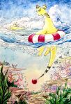  ampharos animal_focus commentary_request coral corsola day highres looking_at_another mareanie mint_nappa no_humans ocean open_mouth outdoors pikachu piplup pokemon pokemon_(creature) remoraid seaweed sky striped_innertube summer surfboard traditional_media 