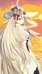  1girl capelet detached_horns dress fate/grand_order fate_(series) hat highres horns iro_(sekaixiro) large_hat long_horns olga_marie_animusphere sun_hat two-tone_dress u-olga_marie u-olga_marie_(first_ascension) white_capelet white_hat wide_brim 