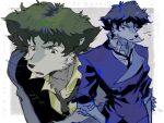  1boy blue_suit body_fur brown_eyes cowboy_bebop furrification furry furry_male green_hair grey_background grey_fur hand_in_pocket highres luli_(crocowolf333) male_focus multiple_views short_hair simple_background spike_spiegel suit translation_request wolf_boy 