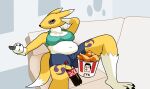 anthro bandai_namco belly black_sclera blue_eyes bottomwear bra breasts canid canine chicken_wings claws clothing coca-cola denim denim_bottomwear denim_clothing denim_shorts digimon digimon_(species) dipstick_ears dipstick_tail ear_markings female fox fur fur_markings fur_tuft furniture hi_res humor john_f._kennedy kfc kfc_bucket lying_on_sofa mammal markings mrtea muffin_top multicolored_body multicolored_ears navel on_sofa overweight overweight_female profanity renamon shirtless_female shorts simple_background slightly_chubby slightly_chubby_female soda_bottle sofa solo tail tail_markings tuft underwear watching_television white_belly yellow_body