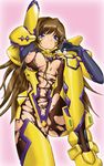  bodysuit breasts brown_hair large_breasts long_hair muvluv muvluv_alternative muvluv_total_eclipse nipples pilot_suit pubic_hair solo takamura_yui torn_clothes xanadu yellow_bodysuit 