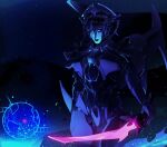  1girl airplane_wing energy_sword glowing glowing_eyes highres hologram humanoid_robot mechanical_wings metal_skin nekfores robot robot_girl solo sword the_transformers_(idw) thighs transformers weapon windblade wings 