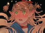  1girl alt_text black_background blonde_hair blue_capelet bow capelet choker colored_eyelashes dungeon_meshi elf green_eyes hair_bow half_updo hood hooded_capelet long_hair looking_up marcille_donato open_mouth pointy_ears portrait rabbit red_bow red_choker sasakura34 simple_background solo star_(symbol) symbol-shaped_pupils tearing_up teeth upper_teeth_only wide-eyed 