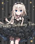  1girl asymmetrical_hair bangs black_bow black_choker black_dress black_ribbon blonde_hair blue_eyes blush bow character_name choker collarbone commentary_request criss-cross_halter dress eyebrows_visible_through_hair hair_between_eyes hair_ribbon halterneck hand_up happy_birthday highres leg_ribbon long_hair looking_at_viewer original parted_lips ribbon sleeveless sleeveless_dress solo sparkle star striped striped_background tia-chan uchuuneko vertical-striped_background vertical_stripes very_long_hair 