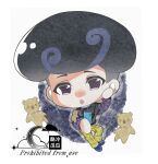  1boy absurdres afro black_hair black_shirt blue_shoes cellphone chibi chibi_only commentary_request earbuds earphones highres holding holding_phone jojo_no_kimyou_na_bouken jojolion male_focus pants phone pompadour purple_eyes purple_sleeves shared_earphones shirt shoes simple_background smartphone solo stuffed_animal stuffed_toy teddy_bear tooru_(jojolion) undercut user_mfwf2885 white_background yellow_pants 