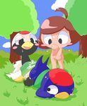  after_sex animal_crossing animal_crossing_girl anthro avian beak bird blue_feathers blush bottomless brown_hair clothing cloud cum female gladys grass group hair human jay lying mammal nettsuu nintendo nude one_eye_closed outside red-crowned_crane shirt sky sweat tongue toony tree video_games villager_(animal_crossing) white_feathers 