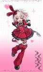  1girl ;d aliang4387 back_bow black_bow black_gloves black_shoes black_sleeve_cuffs black_thighhighs blunt_bangs blush bob_cut bow bowtie buttons center_frills collar colored_inner_hair dress elbow_gloves fang fingerless_gloves floating_hair frilled_dress frills full_body gloves gradient_background grey_hair hand_on_own_hip hat hat_bow heart heart_button heart_o-ring highres idol_clothes layered_dress leg_tattoo leg_warmers looking_at_viewer makaino_ririmu medium_hair mini_hat multicolored_hair nijisanji o-ring official_alternate_costume official_alternate_hairstyle one_eye_closed pink_background pink_hair plaid_clothes plaid_dress plaid_sleeves platform_shoes pointing pointing_at_viewer polka_dot polka_dot_background puffy_short_sleeves puffy_sleeves rabbit_ear_headwear red_bow red_bowtie red_dress red_eyes red_leg_warmers red_sleeves shoes short_dress short_sleeves shoulder_strap skin_fang smile solo standing standing_on_one_leg streaked_hair tattoo thighhighs virtual_youtuber white_background white_collar winged_heart winged_heart_tattoo 
