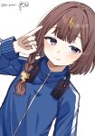  1girl alternate_costume anya_melfissa artkimori blonde_streaks blue_jacket braid brown_hair closed_mouth commentary dutch_angle english_commentary headphones headphones_around_neck highres hololive hololive_indonesia jacket kris_hair_ornament light_blush long_hair long_sleeves looking_at_viewer multicolored_hair pinky_out purple_eyes side_braid signature simple_background smile solo track_jacket upper_body virtual_youtuber white_background zipper_pull_tab 
