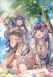  2girls ahoge all_fours anklet armlet beach bikini bikini_tan black_hair blue_eyes blue_hair body_markings bracelet breasts choker cleavage cottontail_(vtuber) day elmsnow facial_mark frilled_bikini frills gradient_hair heart heart_ahoge heterochromia highres indie_virtual_youtuber jewelry kneeling large_breasts long_hair looking_at_viewer multicolored_hair multiple_bracelets multiple_girls navel open_mouth orca_girl outdoors palm_tree purple_eyes purple_hair second-party_source shylily streaked_hair swimsuit tan tanlines tree virtual_youtuber white_hair 