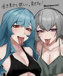  2girls absurdres azur_lane bare_shoulders blue_hair blush braid breasts cleavage collarbone duguay-trouin_(azur_lane) forked_tongue grey_background grey_hair highres large_breasts looking_at_viewer marco_polo_(azur_lane) mole mole_under_eye multiple_girls nocturnal_melonpan piercing purple_eyes red_eyes simple_background tongue tongue_out tongue_piercing twitter_username upper_body 