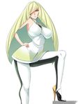  bare_shoulders blonde_hair breasts covered_nipples diamond_(shape) green_eyes hand_on_hip high_heels hips large_breasts leggings legs long_hair looking_at_viewer lusamine_(pokemon) mature multicolored multicolored_clothes multicolored_legwear parted_lips pokemon pokemon_(game) pokemon_sm sideboob simple_background sleeveless solo tamezou two-tone_legwear very_long_hair white_background 