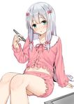  :o aqua_eyes bare_legs blush bow buttons collarbone elbow_gloves eromanga_sensei frilled_shorts frilled_sleeves frills gloves hair_bow highres izumi_sagiri legs long_hair long_sleeves looking_at_viewer mikazuchi_zeus navel pajamas pink_bow ribbon shorts silver_hair simple_background sitting solo stomach stylus tablet white_background 
