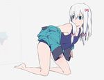  bangs bare_legs barefoot blue_eyes blue_swimsuit blush bow closed_mouth collarbone eromanga_sensei eyebrows_visible_through_hair grey_background hair_between_eyes hair_bow izumi_sagiri jacket kneeling long_hair looking_back open_clothes open_jacket pink_bow school_swimsuit simple_background sleeves_past_wrists sohin solo swimsuit swimsuit_under_clothes thighs white_hair 