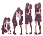 2girls age_difference bag brown_hair child eyes_closed hands_on_another&#039;s_cheeks hands_on_another&#039;s_face hat height_difference kago_no_tori kiss long_hair multiple_girls original pantyhose short_hair short_twintails simple_background squatting teenage thighhighs twintails white_background yuri 