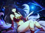  ahri alternate_costume alternate_hairstyle animal_ears bare_shoulders black_hair breasts cleavage commentary detached_sleeves energy_ball facial_mark fingernails fox_ears fox_tail highres large_breasts league_of_legends lips long_fingernails long_hair midriff multiple_tails navel rikamarika slit_pupils solo tail whisker_markings yellow_eyes 