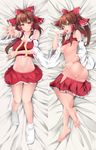  absurdres ascot ass ayakase_riberi bare_shoulders barefoot bed_sheet bow breasts brown_hair cleavage dakimakura detached_sleeves groin hair_bow hair_tubes hakurei_reimu hand_to_own_mouth highres long_hair looking_at_viewer lying medium_breasts midriff miniskirt multiple_views navel nipples on_back on_side orange_eyes outstretched_arm outstretched_hand panties panty_pull reaching shirt_lift side-tie_panties skirt skirt_pull smile socks tongue tongue_out touhou underwear untied wide_sleeves 