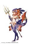  1girl 2016 blue_skin female full_body gills monster_girl navel red_eyes simple_background solo tail trident weapon white_background yuzu_shio 