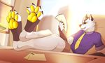  2017 4_toes absurd_res anthro barefoot canine claws clothed clothing cute digital_media_(artwork) feet fur glowing hair hi_res krazykurt male mammal paws shiny soft solo table toes wolf yellow_eyes 