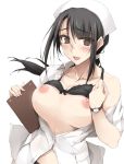  1girl :d areolae bare_shoulders black_bra black_hair black_panties blush bra breasts eyebrows_visible_through_hair hair_ribbon hat highres kitano_(zekkyon) large_breasts looking_at_viewer navel nipples nurse nurse_cap open_clothes open_mouth open_shirt original panties ponytail ribbon simple_background smile solo underwear watch white_background white_ribbon wristwatch zekkyon 