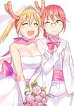 :d arm_hug bare_shoulders blonde_hair blush bouquet breasts bridal_veil bride closed_eyes dragon_horns dress earrings elbow_gloves fang flower glasses gloves groom horns jewelry kobayashi-san_chi_no_maidragon kobayashi_(maidragon) large_breasts multiple_girls one_eye_closed open_mouth pink_flower red_eyes red_hair smile strapless strapless_dress tiara tiny_(tini3030) tooru_(maidragon) tuxedo twintails veil wedding_dress white_gloves wife_and_wife yuri 