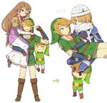  bandages blonde_hair brown_hair carrying dark_skin dress dual_persona full_body link long_hair multiple_girls pointy_ears princess_zelda red_eyes sheik super_smash_bros. the_legend_of_zelda the_legend_of_zelda:_ocarina_of_time the_legend_of_zelda:_the_wind_waker the_legend_of_zelda:_twilight_princess toon_link wusagi2 