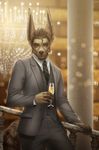  alcohol anthro beard beverage canine clothed clothing facial_hair fur hair looking_at_viewer male mammal mikinyaro solo suit wine 