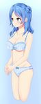  absurdres bangs bare_arms bare_shoulders blue_background blue_bow blue_bra blue_eyes blue_hair blue_panties blush bow bow_bra bow_panties bra breasts cleavage closed_mouth collarbone cropped_legs eyebrows_visible_through_hair fidgeting gradient gradient_background hair_bun highres kantai_collection lace lace-trimmed_bra legs_together lingerie medium_breasts myanon_(r-tone) navel nervous panties shiny shiny_skin short_hair solo standing stomach swept_bangs tareme thighs underwear underwear_only urakaze_(kantai_collection) 