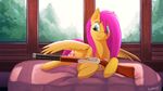  2017 blue_eyes detailed_background equine feathered_wings feathers fluttershy_(mlp) friendship_is_magic gun hair hooves mammal my_little_pony pegasus pink_hair ranged_weapon rublegun smile solo weapon wings yellow_feathers 
