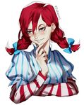  blue_bow bow braid crossed_arms dress finger_to_chin freckles long_hair pinstripe_pattern red_hair simple_background smile smirk smug solo striped taba-fumi twin_braids upper_body wendy's wendy_(wendy's) white_background 