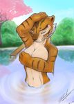  bathing breasts cleavage clothed clothing covering edon_techwolf eyes_closed feline female kung_fu_panda mammal master_tigress nude solo tiger 