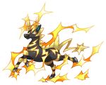  electricity full_body gen_5_pokemon hooves looking_away no_humans pearl7 pokemon pokemon_(creature) running simple_background solo striped white_background yellow_sclera zebra zebstrika 