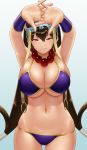  1girl bangs bare_shoulders bead_necklace beads bikini blue_background blush breasts brown_hair cleavage collarbone earrings fate/grand_order fate_(series) gonoike_biwa gradient gradient_background hair_between_eyes highres hips hoop_earrings jewelry large_breasts long_hair looking_at_viewer low-tied_long_hair navel necklace prayer_beads purple_bikini purple_eyes simple_background solo stretch swimsuit thighs very_long_hair xuanzang_(fate/grand_order) 