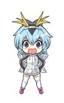  blue_eyes blue_hair bow cirno colonel_aki commentary_request cosplay hair_bow hairband hands_on_hips hood hood_up hoodie ice ice_wings kemono_friends long_sleeves royal_penguin_(kemono_friends) royal_penguin_(kemono_friends)_(cosplay) short_hair smile solo thighhighs touhou white_background wings 