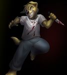  anthro black_background blood canine clothed clothing fur hair jailbird knife looking_at_viewer male mammal simple_background smile solo 