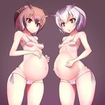  2girls 89_(hakkyuu) blush breasts brown_eyes brown_hair cameltoe cupless_bra eurasian_eagle_owl_(kemono_friends) grey_hair groin kemono_friends micro_bikini multiple_girls navel nipples northern_white-faced_owl_(kemono_friends) pregnant small_breasts swimwear white_bikini 