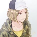  anbe_yoshirou brown_hair camouflage_jacket commentary_request dated grin hat light_brown_hair looking_ahead shirt short_hair smile solo teeth upper_body yellow_shirt 