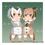  4d_killer_combo animal_ears blush brown_eyes brown_hair capriccyo chibi coat commentary_request crossed_arms eurasian_eagle_owl_(kemono_friends) expressionless eyebrows_visible_through_hair fur_collar grey_hair hair_between_eyes head_wings kemono_friends kinnikuman long_sleeves multicolored_hair multiple_girls northern_white-faced_owl_(kemono_friends) orange_eyes short_hair simple_background tail white_hair wings 