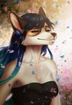  anthro breasts canine clothed clothing eyes_closed facial_piercing female fur hair lip_piercing mammal mikinyaro piercing smile solo 